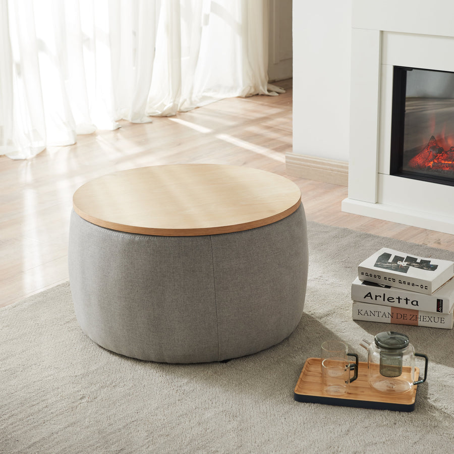 Storage Ottoman with Tray, Seizeen Ottomans or Footstools 25.5'', Round Coffee Table with Removable Top Tray, Gray