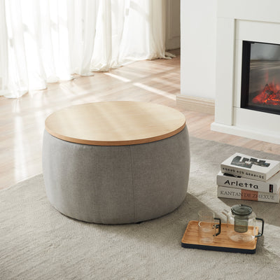 Storage Ottoman with Tray, Seizeen Ottomans or Footstools 25.5'', Round Coffee Table with Removable Top Tray, Gray