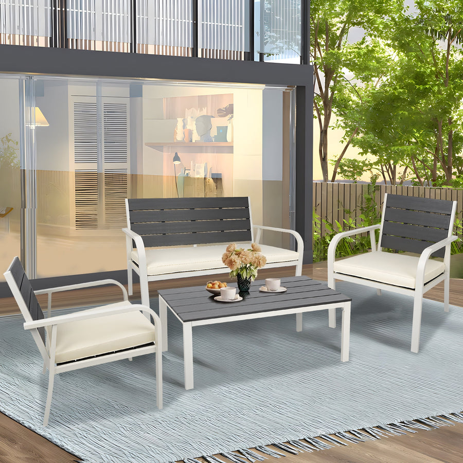 Seizeen 4PCS Patio Set, All-weather PE Sofa Set for Outdoor Porch Deck, Patio Furniture Conversation Set Steel Frame Table & Armchairs, White