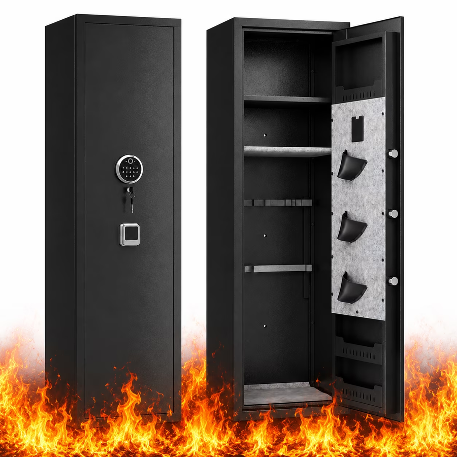 57" Gun Safe for Home, Fingerprint Electronic Safe with Quick Access, 5-Slot Storage Cabinet with 3 Interior Pockets, Detachable Partition, No Assembly Required, Black