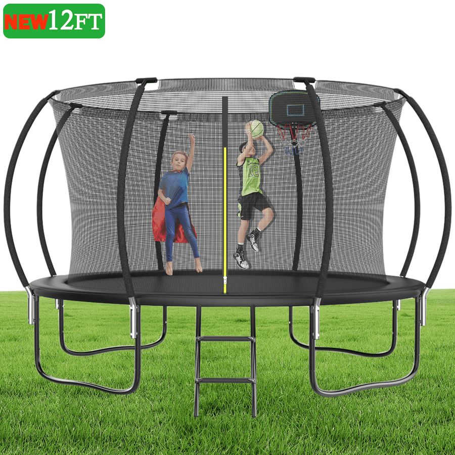 New Trampoline for Kids, 12FT Curved Trampoline with Enclosure and Hoop, Pumpkin Anti-Collision Design, Max Weight Capacity 6-8 Kids, 72PCS Galvanized Springs