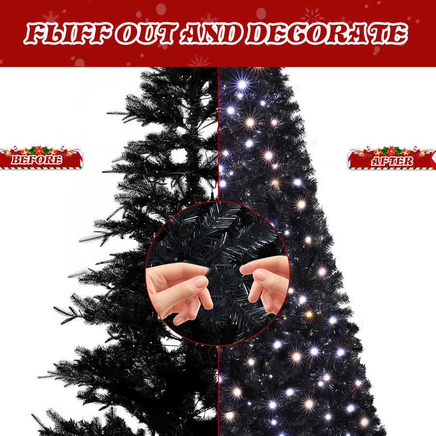 7.5 FT Pre-Lit Black Artificial Christmas Tree with 1350 Branch Tips, 400 LED Lights, Remote Control & 11 Lighting Modes, Hinged Pine Tree for Holiday Home Office Party Decoration