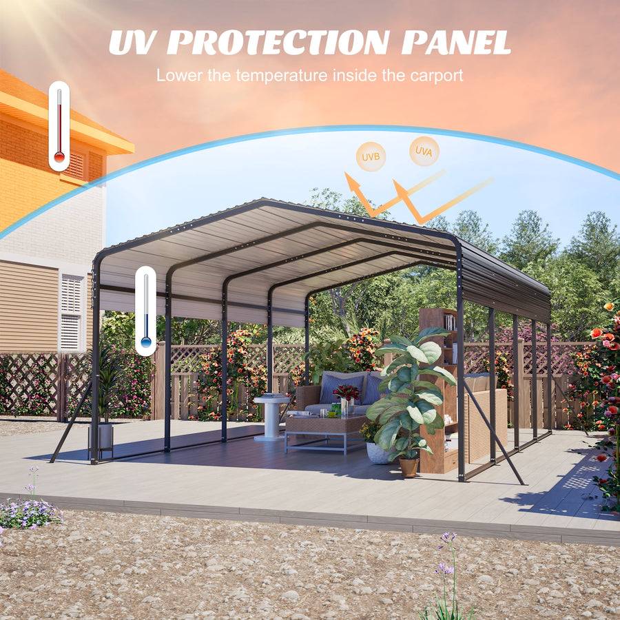 13x20ft Carport Galvanized Steel, Heavy Duty Carport Shelter with Reinforced Frame&4 Poles for Outdoor, Weatherproof Roof, Car Boat Tractor ATV RV Shelter, 44MPH Near Gale Level