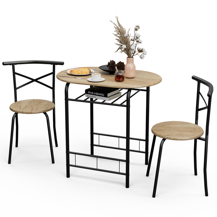 Small Dining Room Set W/2 Chairs & 1 Table, Modern Counter Height Dining Table Set W/Storage Rack, Steel Frame Home Kitchen Furniture With Wood Finish