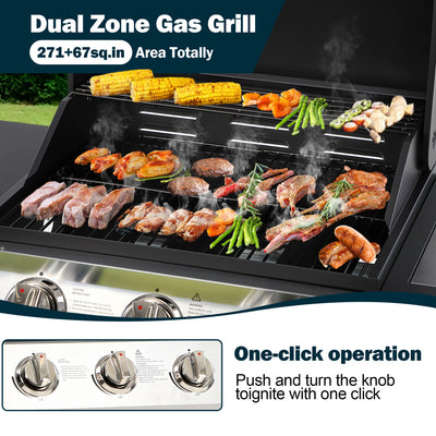 BBQ Grill, Seizeen Gas Grill with Side Burner, 40,000BTU 3-Burner Propane Grill w/Storage Cabinet, Steel Brush, Stainless Steel Camping for Backyard Patio, Portable Design on Wheels