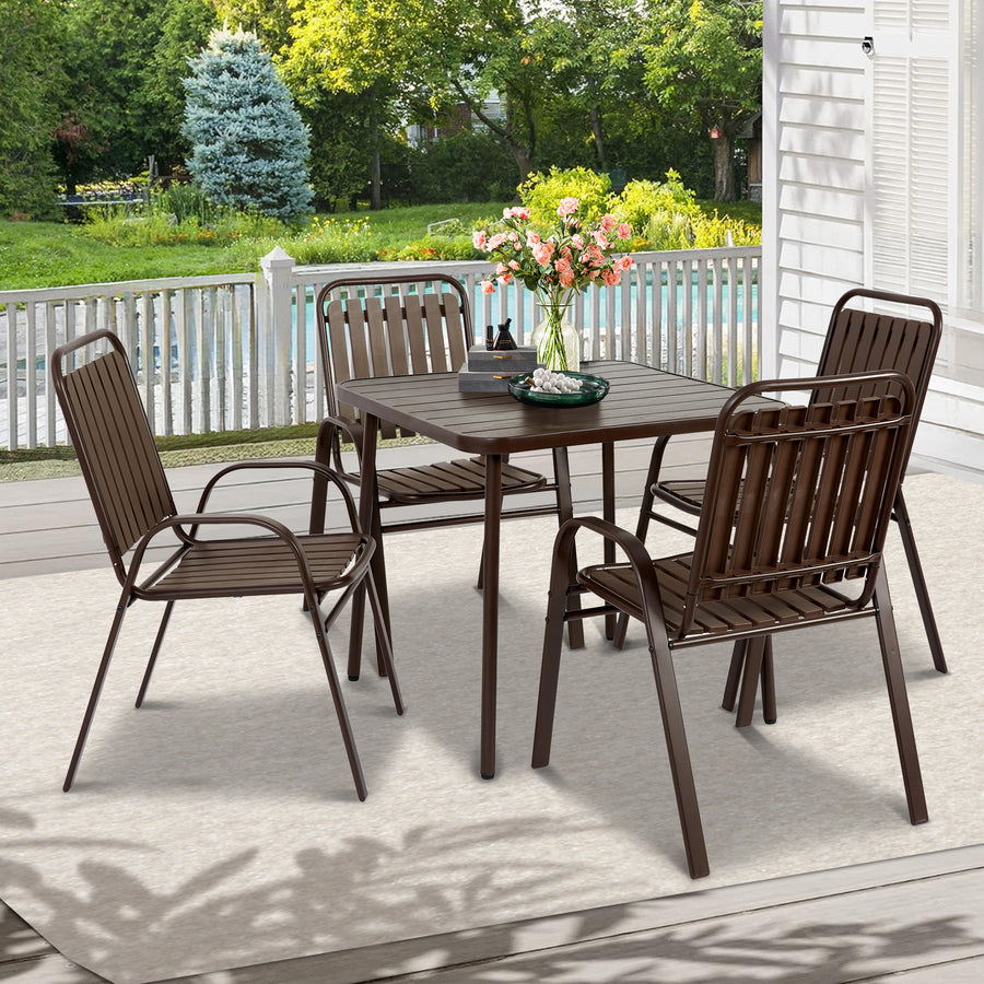 Patio Furniture Set, 5-piece Outdoor Dining Set Wood Grain Top, Plastic Patio Table and Chairs for Deck Yard Balcony Porch, All-weather Steel Frame, 4-person Dining Set for Indoor Outdoor, Brown