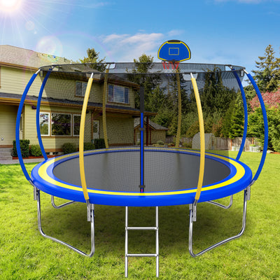 12FT Trampoline for Kids - Seizeen Round Trampoline W/ Enclosure Net & Hoop, Outdoor Colorful Trampoline with Waterproof Cover & Ladder