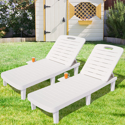 Outdoor Chaise Lounges, Seizeen Patio Lounge Chairs Set of 2, All-Weather PP Resin Sun Lounger 5 Angles Adjustable, Pool Chair Set with Cup Holder for Deck Porch Backyard, White