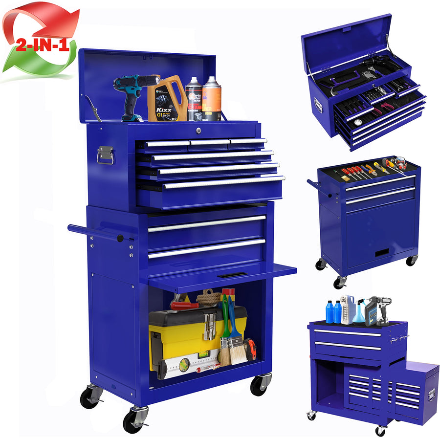 2-IN-1 Rolling Tool Chest Storage Box, Large Stainless Steel Tool Box Set Double Hidden, Detachable Tool Storage On Wheels W/Sliding Drawers for Workshop Garage Studio, Blue