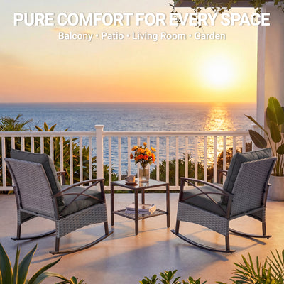 Patio Outdoor Furniture Set, 3PCS Rattan Wicker Rocking Chair Set Balcony Furniture, Steel Frame Patio Chairs with 2-Tier Coffee Table, Thick Seat Cushions and Pillows
