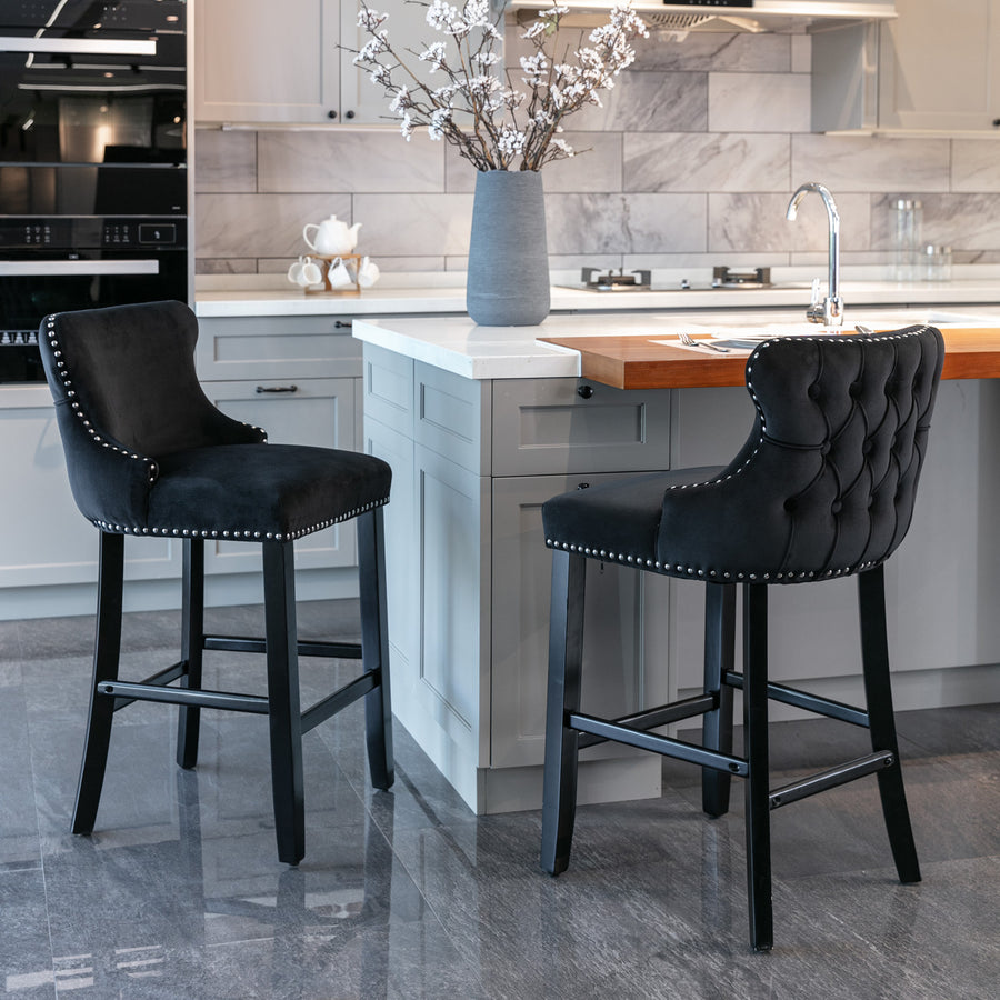 Seizeen Counter Height Bar Stools, Set of 2, Wing-back Velvet Dining Chairs with Soft Cushion, Solid Wood Legs, Button Tufted Decoration and Chrome Nailhead Trim, Black