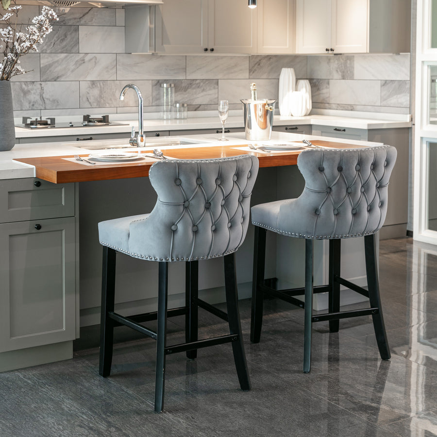 Seizeen Counter Height Bar Stools, Set of 2, Wing-back Velvet Dining Chairs with Soft Cushion, Solid Wood Legs, Button Tufted Decoration and Chrome Nailhead Trim, Gray