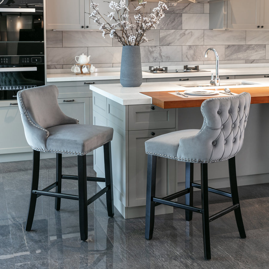 Seizeen Counter Height Bar Stools, Set of 2, Wing-back Velvet Dining Chairs with Soft Cushion, Solid Wood Legs, Button Tufted Decoration and Chrome Nailhead Trim, Gray