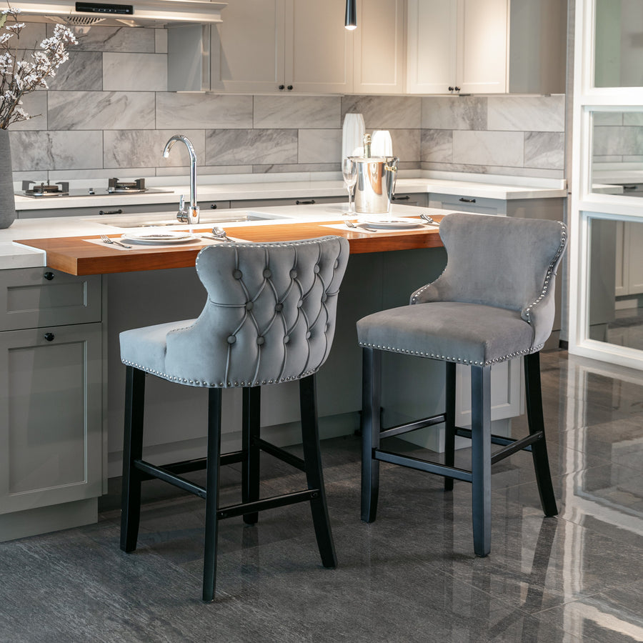 Seizeen Counter Height Bar Stools, Set of 2, Wing-back Velvet Dining Chairs with Soft Cushion, Solid Wood Legs, Button Tufted Decoration and Chrome Nailhead Trim, Gray