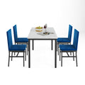 Kitchen Dining Table Set, 5-Piece Dining Table and Chairs, Metal Frame Dining Room Set with White Marble Table and Blue Velvet Chairs for 4