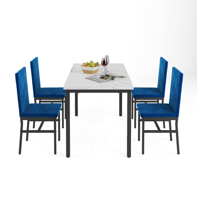 Kitchen Dining Table Set, 5-Piece Dining Table and Chairs, Metal Frame Dining Room Set with White Marble Table and Blue Velvet Chairs for 4
