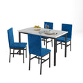 Kitchen Dining Table Set, 5-Piece Dining Table and Chairs, Metal Frame Dining Room Set with White Marble Table and Blue Velvet Chairs for 4