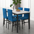 Kitchen Dining Table Set, 5-Piece Dining Table and Chairs, Metal Frame Dining Room Set with White Marble Table and Blue Velvet Chairs for 4