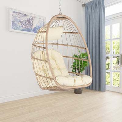 Outdoor Hanging Egg Chair, Wicker Foldable Egg Swing Chair with Khaki Cushions for Patio, Garden, Backyard, Rattan Portable Egg Chair