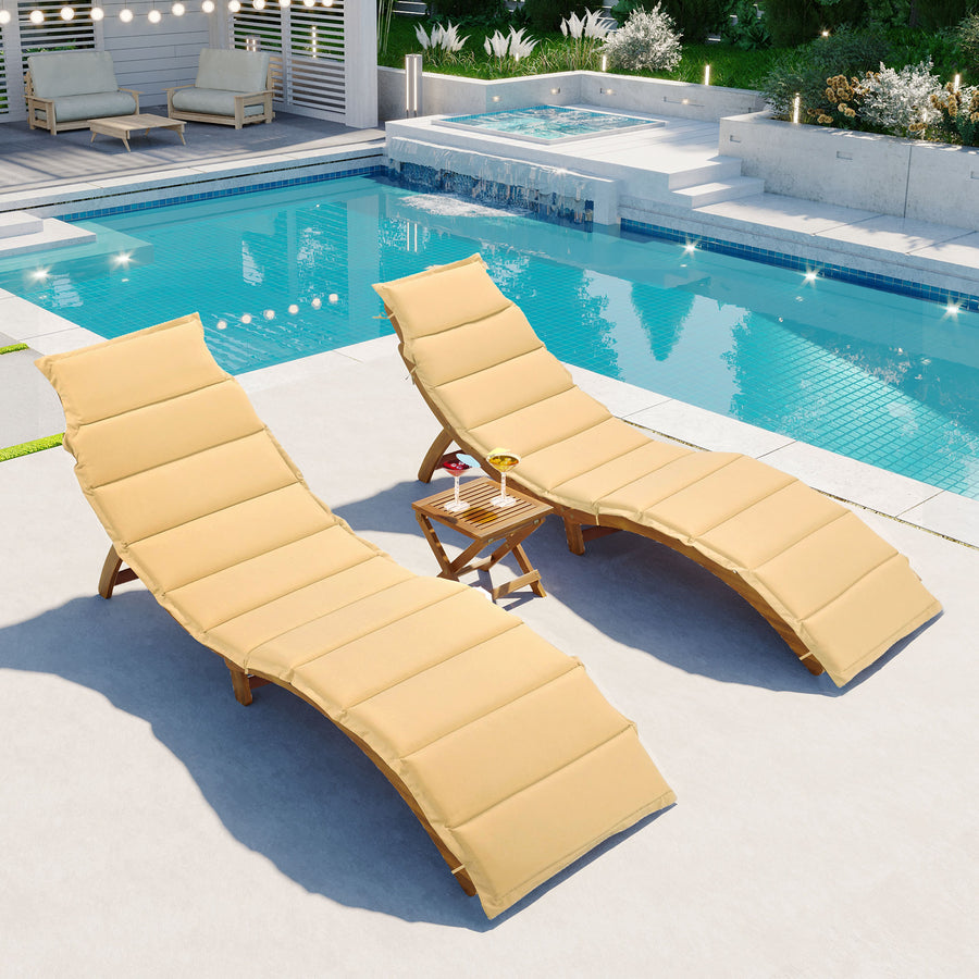 Seizeen Outdoor Chaise Lounge Set, 3 Pieces Chaise Lounge Chairs with Table Foldable, Poolside Beach Patio Sun Lounger Set with Handle, Brown Wood Lounger & Beige Cushion