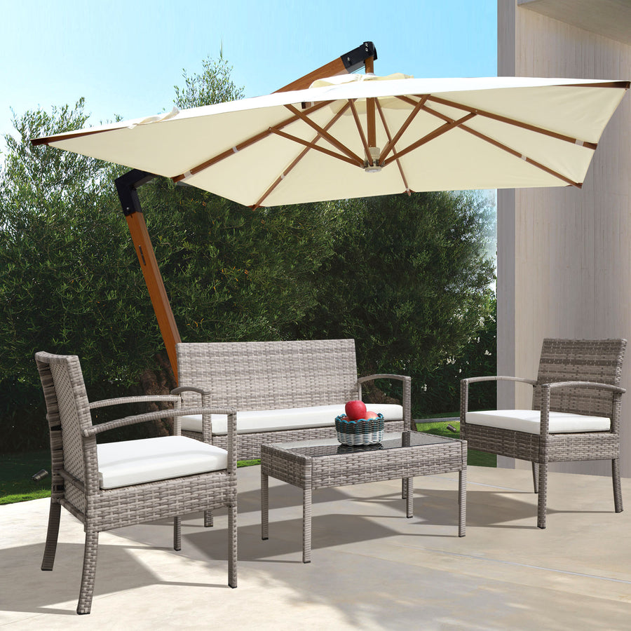 Seizeen 4 Pieces Patio Rattan Furniture Set, Outdoor Conversation Sets with Glass Table & Cushion, Gray