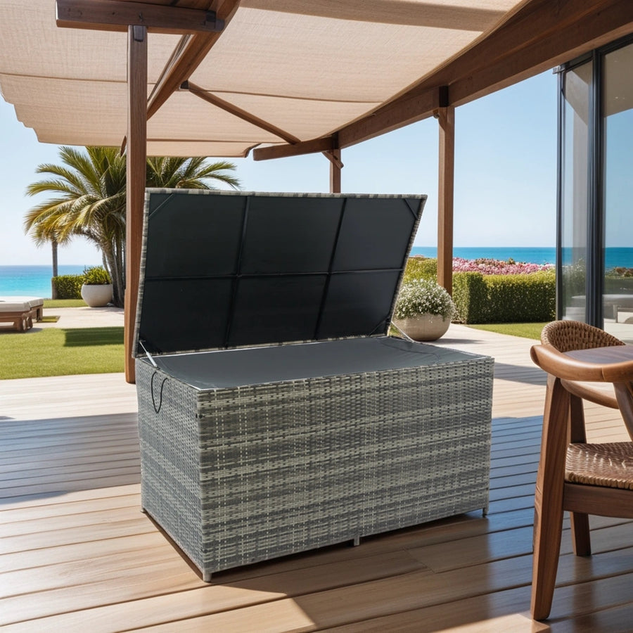 200Gal Outdoor Storage Box, PE Rattan Deck Box for Outside Patio Furniture, Cushions Toys Garden Poolside Storage Bench, Waterproof Lid, Gray