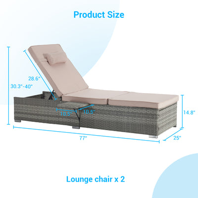 Seizeen Lounge Chair, Outdoor Chaise Lounge Chair Set of 2, PE Rattan Pool Chairs w/Side Table, Weather-resistant Wicker Patio Beach Recliner W/Cushions, Pillow, 6-position Adjustable Backrest, Khaki