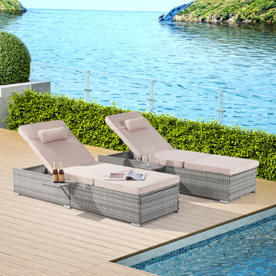 Seizeen Lounge Chair, Outdoor Chaise Lounge Chair Set of 2, PE Rattan Pool Chairs w/Side Table, Weather-resistant Wicker Patio Beach Recliner W/Cushions, Pillow, 6-position Adjustable Backrest, Khaki