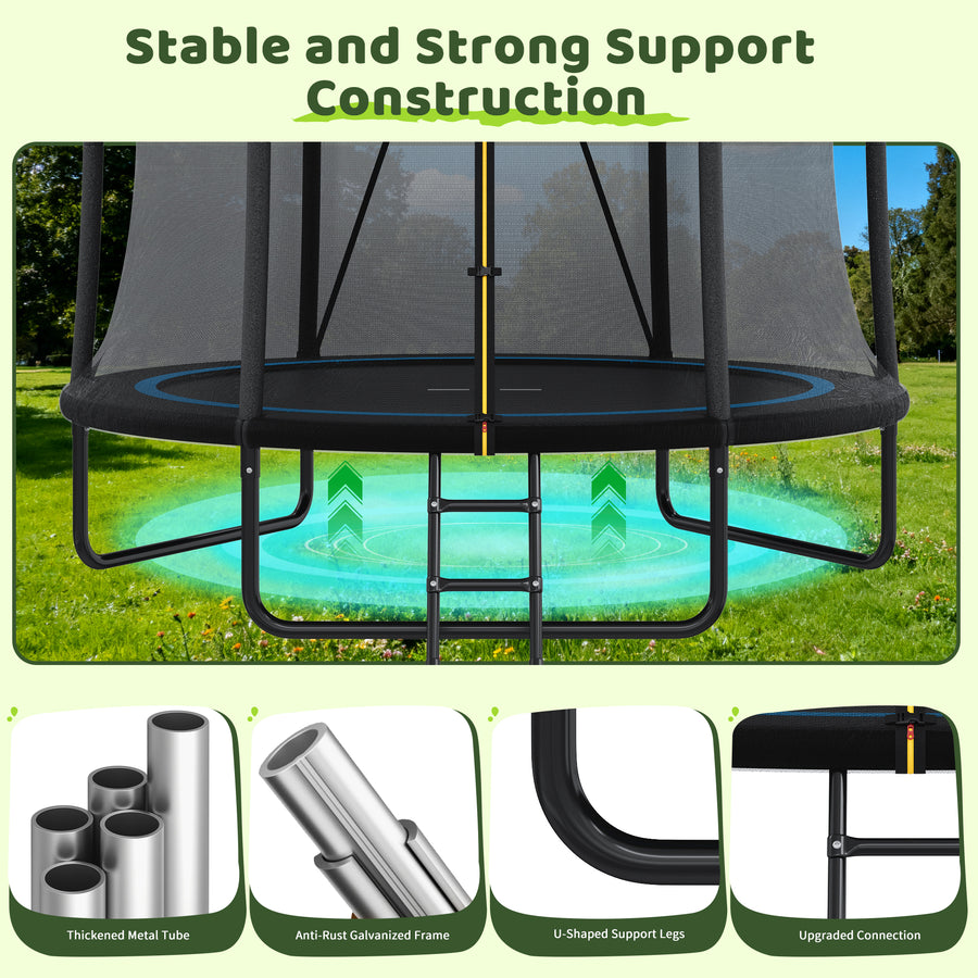 8FT Outdoor Trampoline with Enclosure Net, Outdoor Trampoline for Kids and Toddlers, All-Weather Trampoline with Hoop, Ladder, 3-W Heavy-Duty Stand for Backyard Play