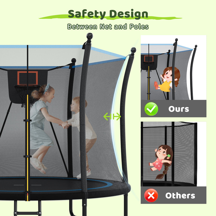 8FT Outdoor Trampoline with Enclosure Net, Outdoor Trampoline for Kids and Toddlers, All-Weather Trampoline with Hoop, Ladder, 3-W Heavy-Duty Stand for Backyard Play