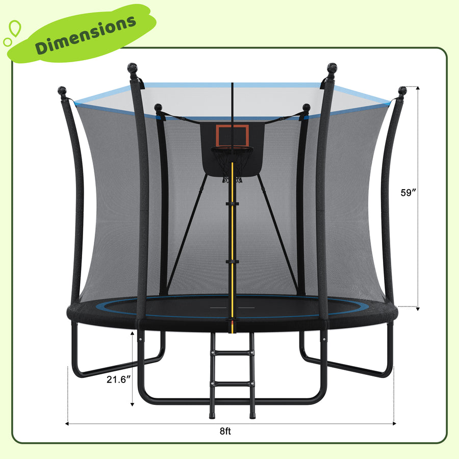 8FT Outdoor Trampoline with Enclosure Net, Outdoor Trampoline for Kids and Toddlers, All-Weather Trampoline with Hoop, Ladder, 3-W Heavy-Duty Stand for Backyard Play