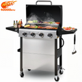 40000BTU Propane Gas Grill, Seizeen Stainless Steel 4-Burner BBQ Grill , Outdoor Patio Camping Portable Grill w/Foldable Side Table, Hanging Basket, Steel Brush, Universal Wheels