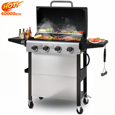 40000BTU Propane Gas Grill, Seizeen Stainless Steel 4-Burner BBQ Grill , Outdoor Patio Camping Portable Grill w/Foldable Side Table, Hanging Basket, Steel Brush, Universal Wheels