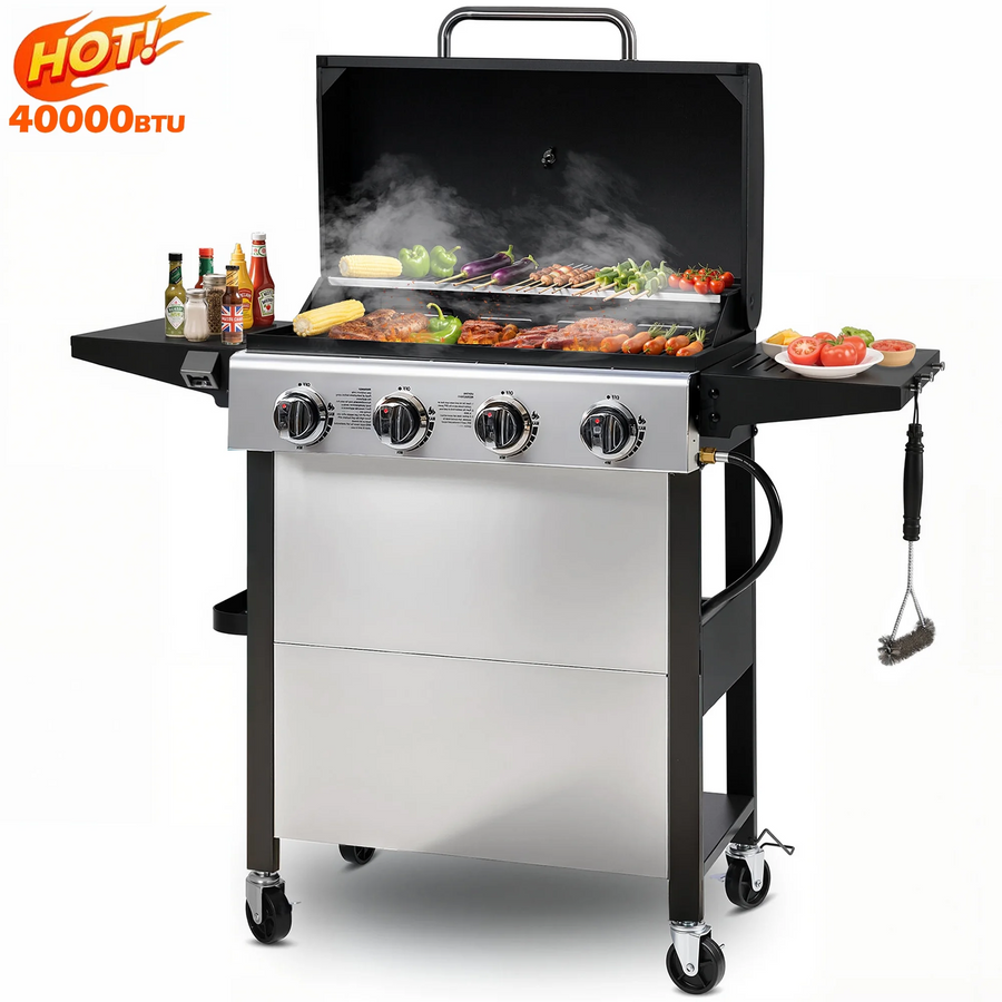 40000BTU Propane Gas Grill, Seizeen Stainless Steel 4-Burner BBQ Grill , Outdoor Patio Camping Portable Grill w/Foldable Side Table, Hanging Basket, Steel Brush, Universal Wheels