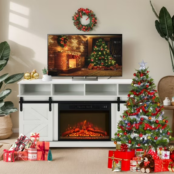 Electric Fireplace TV Stand for 60 65" TV, Farmhouse Entertainment Center with Multifunctional Fireplace, Sliding Double-Door Cabinet, 8 Shelves, White
