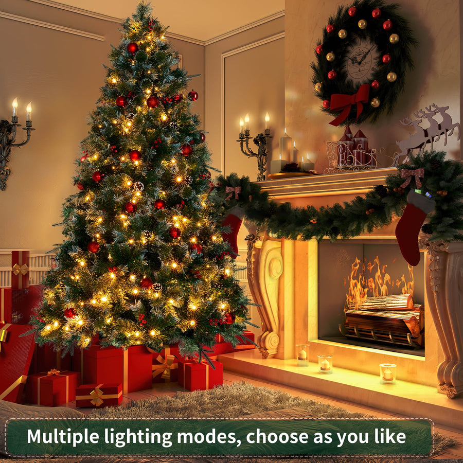Seizeen 6.5FT Lighted Christmas Tree, Green Pre-lit Artificial Tree with 350 LED Lights Pine Cones, Berries, Flocked Xams Tree Decor for Indoor Outdoor Home Holiday, 1200 Branch Tips
