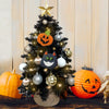 2FT Pre-lit Tree, Black Small Lighted Christmas & Halloween Tree, Tabletop Decor Tree with Lights and Ornaments, 12 Balls, Bow, Angle, Pumpkin, Cat, for Kids Room Home