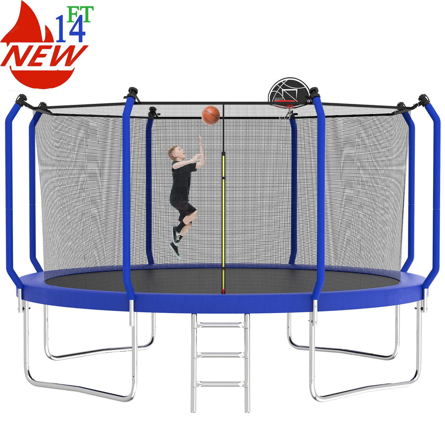 Seizeen 14FT Trampoline for Kids & Adults, Curved Pole Design Trampoline with Enclosure and Hoop for Outside, Max Weight 1320 LBS for 4-6 Kids