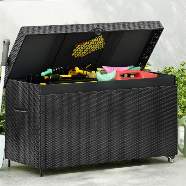 Seizeen Outdoor Storage Box, All-weather Waterproof Deck Box, PE Rattan Wicker Storage Bin for Pool Patio Cushions Toy Tools, Large Lockable Storage Box with Wheels, Liner, Mesh Pocket