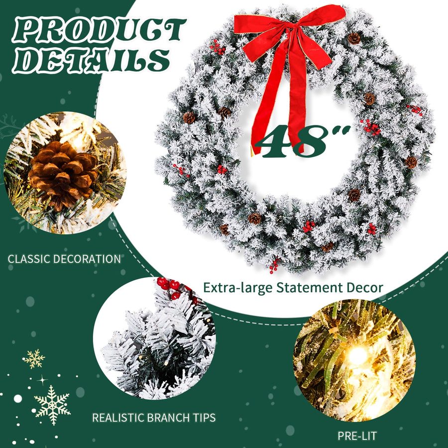 48'' Pre-Lit Artificial Christmas Wreath, Christmas Door Decorations Wreath with 150 LED Warm Lights, Garden Wreath Décor with 450 Branches, Ornament