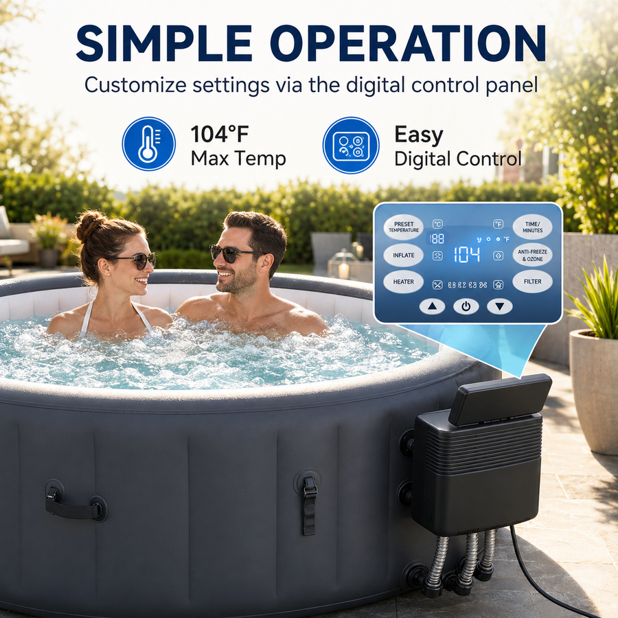 85" Inflatable Hot Tub for 4-6 Persons, Portable Outdoor Spa Tub with 150+ Air Jets, 104°F Heating, 6-Color Ambient LED Lights, Bubble Massage, One-Touch Inflation, Filter System, Cover & Floor Mat