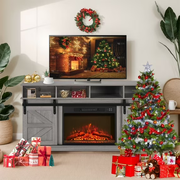 Fireplace TV Stand with 23'' Fireplace Insert, Electric Fireplace Heater Entertainment Center for 65" TVs, TV Console Cabinet W/Large Storage, Sliding Doors Cabinet, Remote Control, Gray