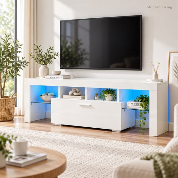 Seizeen White TV Stand, Modern Led TV Stand Cabinet with 4 Light Modes, TV Console Table for 55 Inch TV with Drawer, Entertainment Center with Adjustable Led Lights