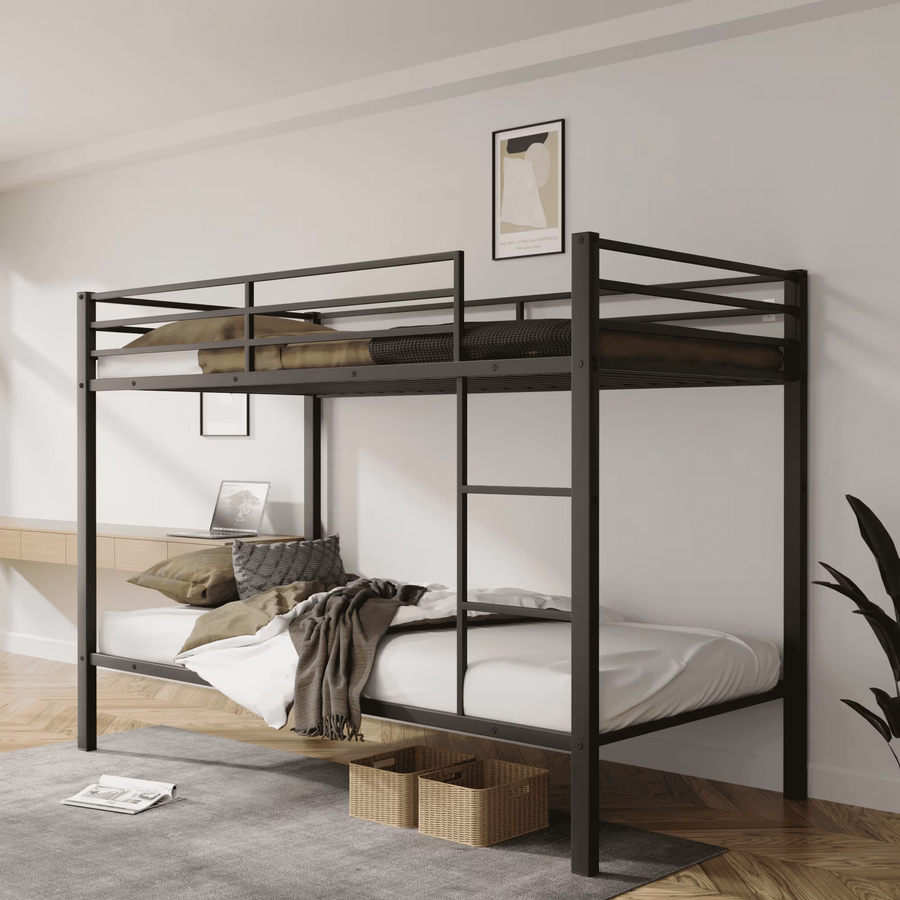 Metal Bunk Bed Twin Over Twin, Low Profile Bunk Bed Frame withBuilt-in Ladder, High Guardrail and Metal Slats, Space-Saving Twin Size Bed Frame for Teens, No Box Spring Required, Black