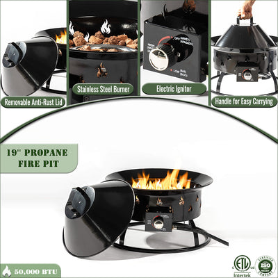 Seizeen Outdoor Propane Gas Fire Pit, 50000 BTU Fire Pit for Outside, Portable Outdoor Heating with Cover & Carry Kit, 19''Round