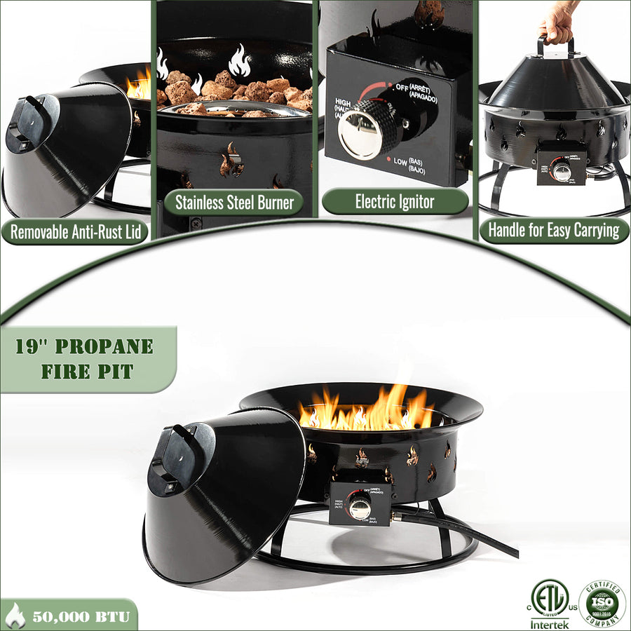 Seizeen Outdoor Propane Gas Fire Pit, 50000 BTU Fire Pit for Outside, Portable Outdoor Heating with Cover & Carry Kit, 19''Round