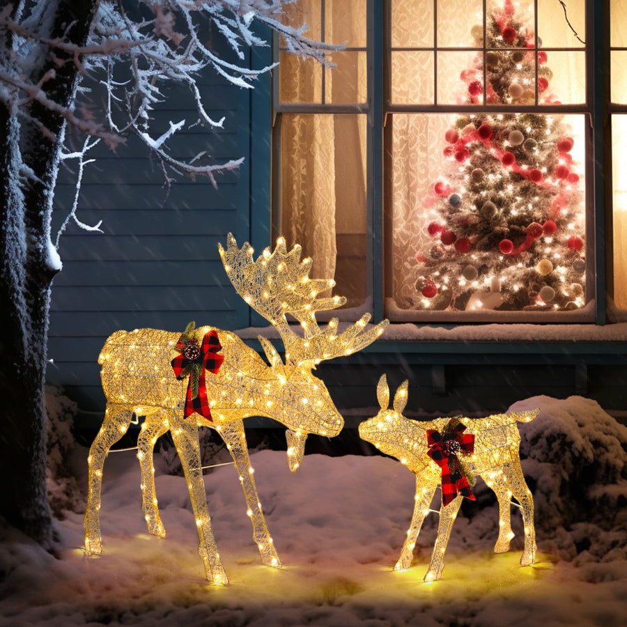 Lighted Christmas Deer Set, 2 PCS Outdoor Christmas Xmas Decoration with Warm Lights, Golden Deer Family Set for Yard