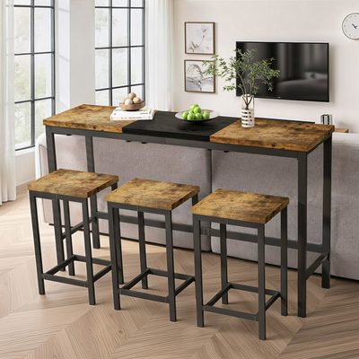 Modern High Top Table Set for 3, Brown Rectangle Kitchen Dining Table Set Metal Frame, Small Space Counter Height Pub Bistro Set with 1 Table & 3 Stools