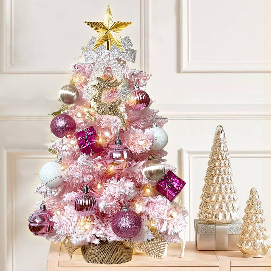 Pink Small Artificial Christmas Tree Pre-lit Tabletop Xmas Tree with Lights and Rich Decorations