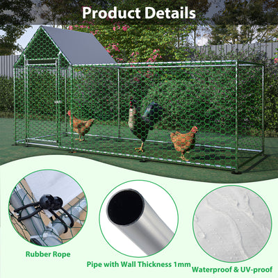 Seizeen 10x3FT Metal Chicken Coop, Chicken Run with Waterproof Cover, Walk-in Poultry Cage Hen House Habitat for Backyard Chickens, Ducks, Rabbits, Silver